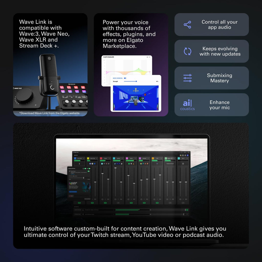 Wave:3 Premium USB Condenser Microphone - Studio Quality for Streaming, Podcasting, Gaming, and Home Office with Advanced Sound Control and Anti-Distortion Technology