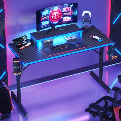 42-Inch Blue Gaming Desk with LED Lighting, Monitor Stand, Headphone Hook, and Cup Holder