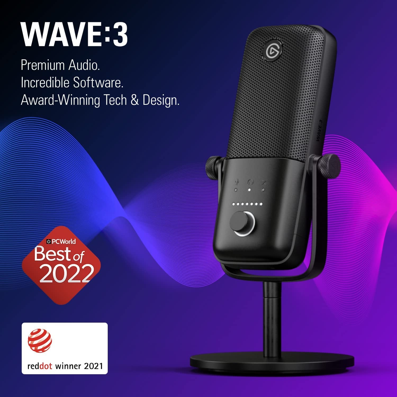 Wave:3 Premium USB Condenser Microphone - Studio Quality for Streaming, Podcasting, Gaming, and Home Office with Advanced Sound Control and Anti-Distortion Technology
