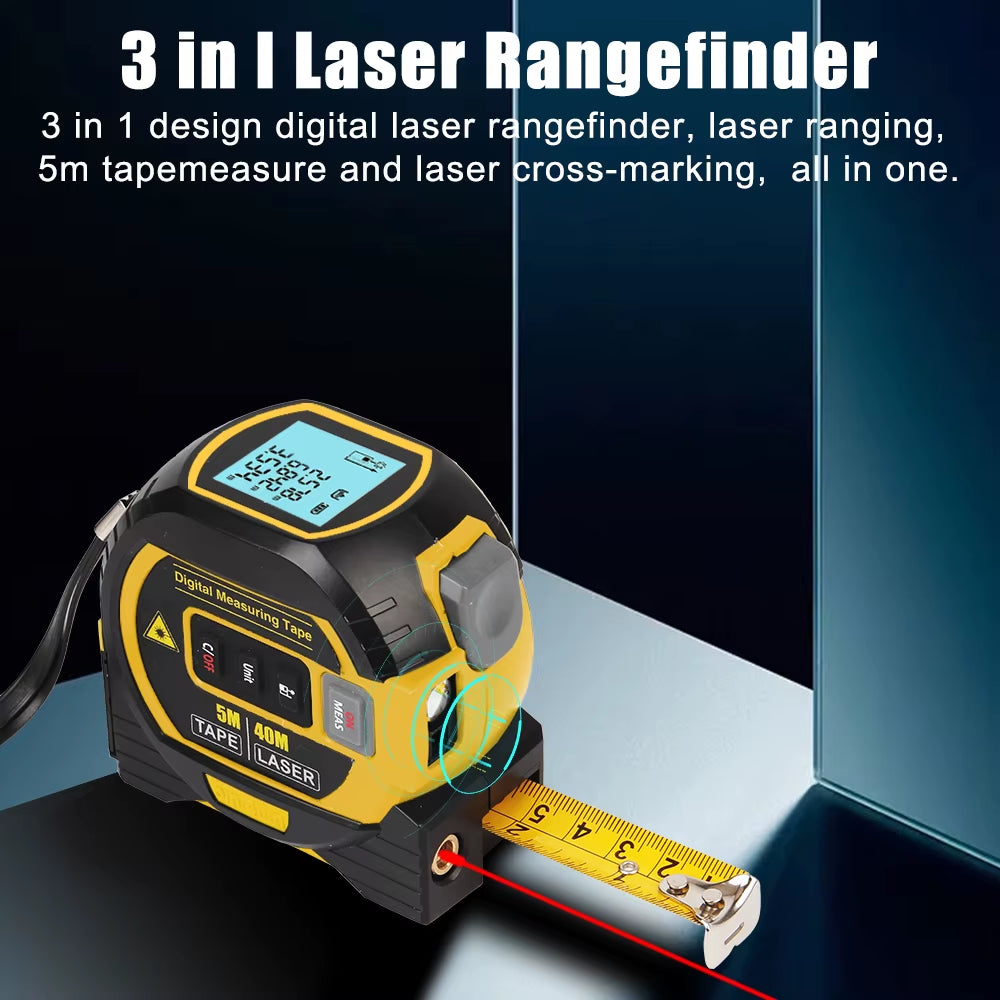 Versatile 3-in-1 Laser Distance Meter with Tape Measure and LCD Display - Perfect for Construction and Home Projects