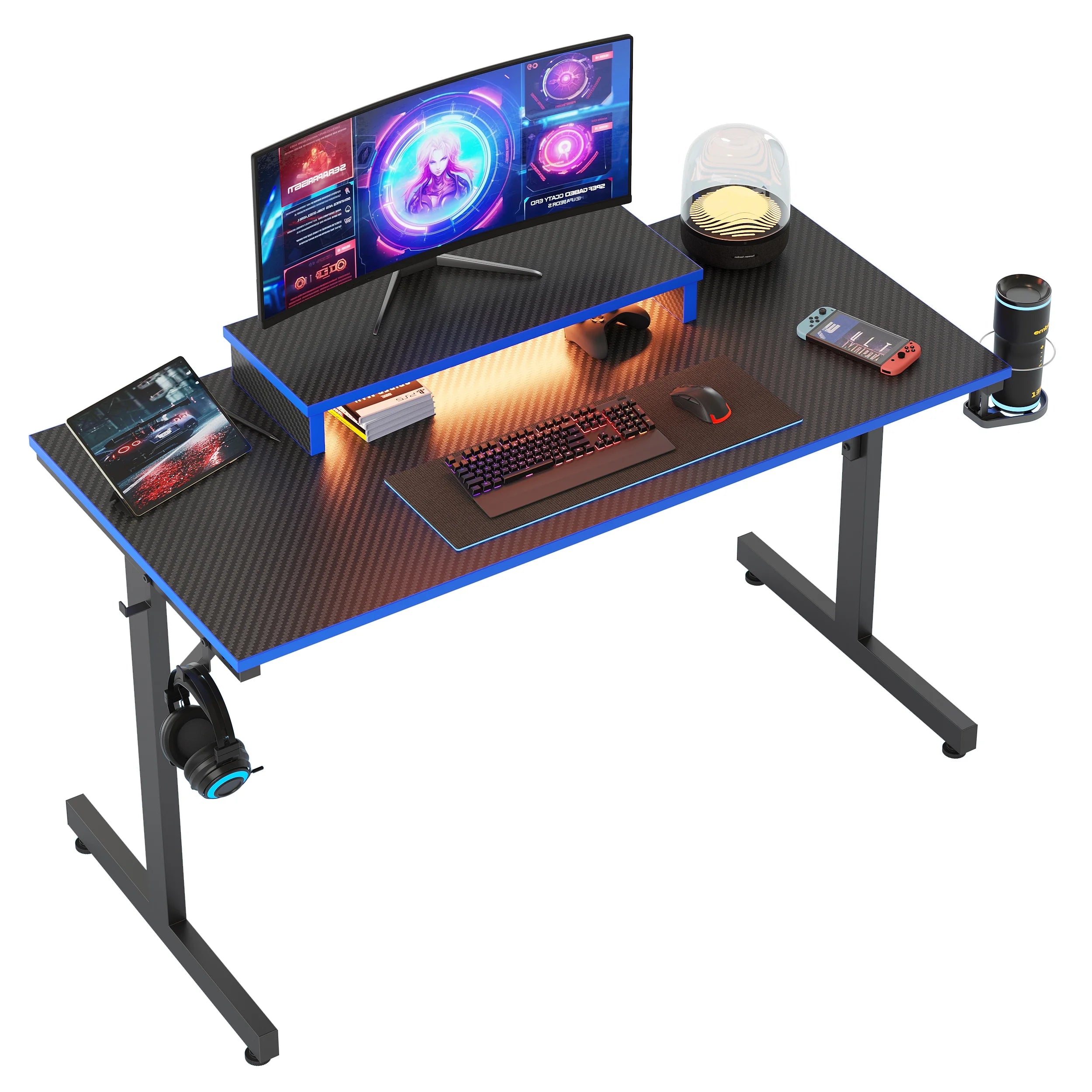 42-Inch Blue Gaming Desk with LED Lighting, Monitor Stand, Headphone Hook, and Cup Holder