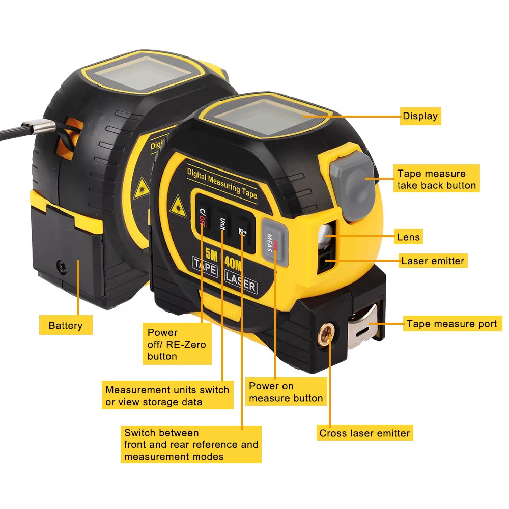 Versatile 3-in-1 Laser Distance Meter with Tape Measure and LCD Display - Perfect for Construction and Home Projects