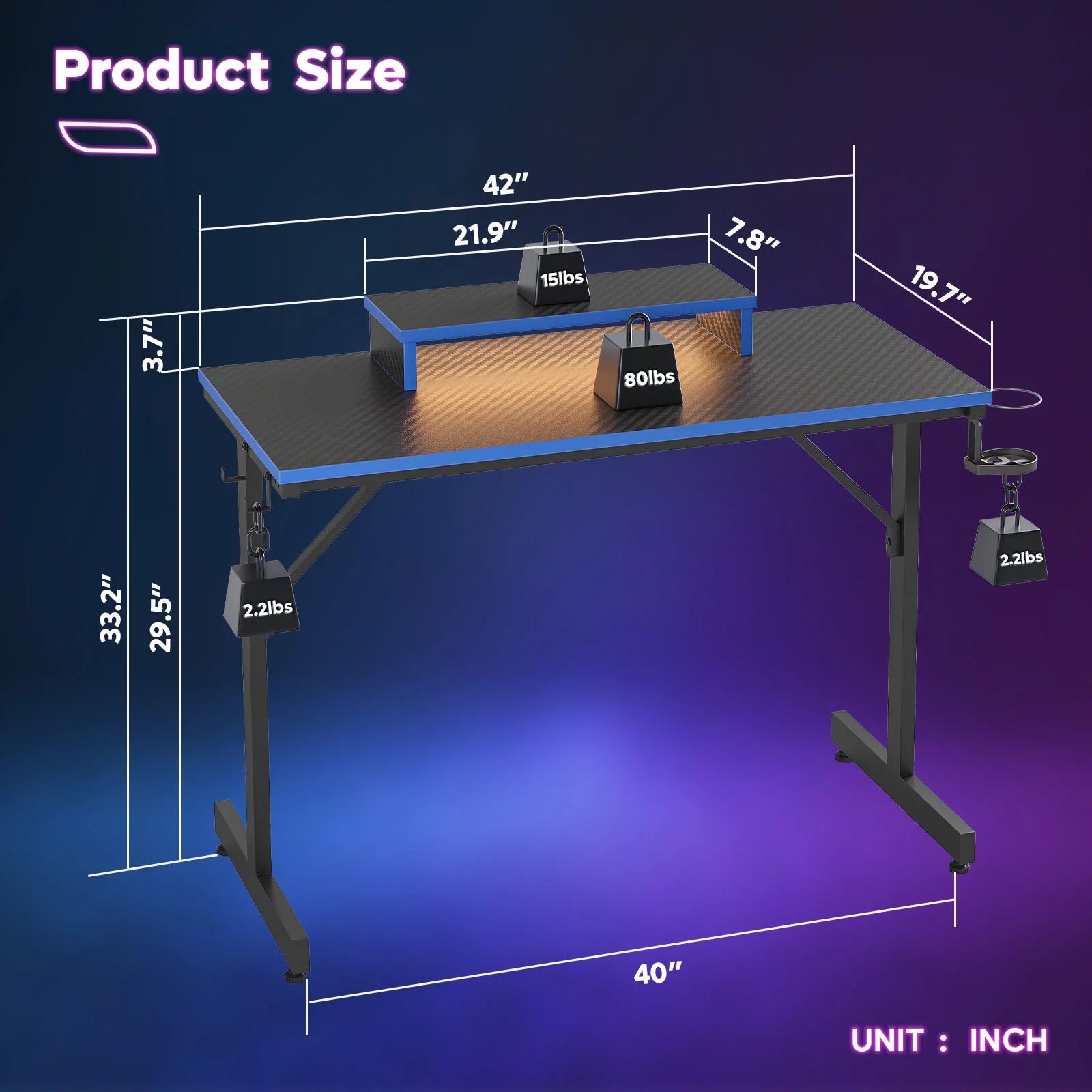 42-Inch Blue Gaming Desk with LED Lighting, Monitor Stand, Headphone Hook, and Cup Holder