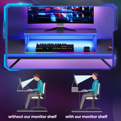 42-Inch Blue Gaming Desk with LED Lighting, Monitor Stand, Headphone Hook, and Cup Holder